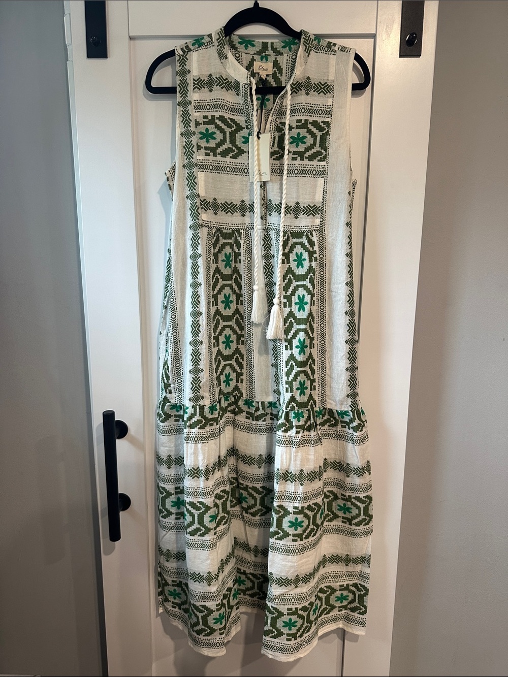 Elan White Maxi Dress with Green Embroidered Pattern